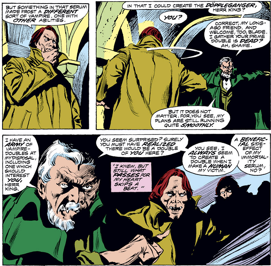 Deacon Frost reveals his abilities to Hannibal King in Tomb of Dracula Vol. 1 #53 (1976), Marvel
