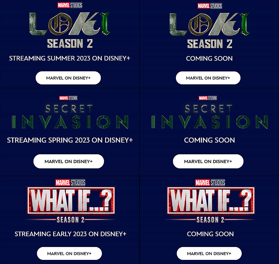 Disney Plus website listings for Loki, Secret Invasion, What If...? before/after March 15, 2023