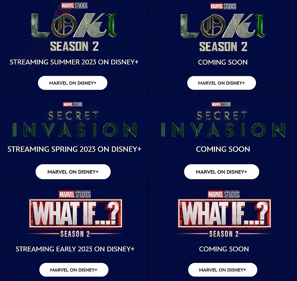 Left: The official Disney Plus website listings for Loki, Secret Invasion, and What If...? prior to March 15th, 2023Right: The same listings following the website's update