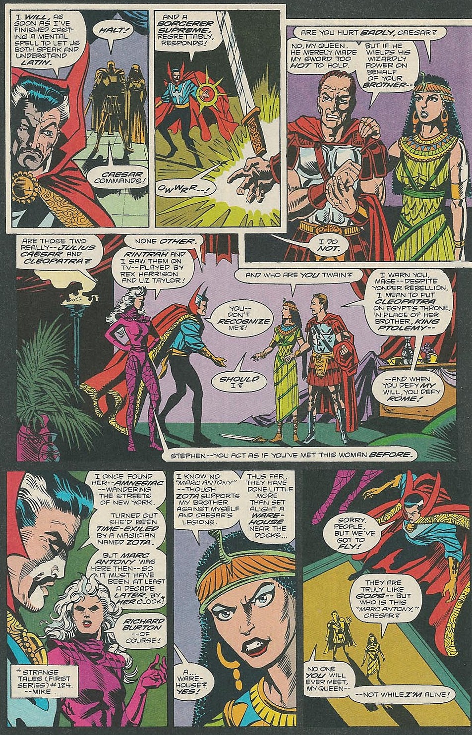 Doctor Strange and Clea, in their astral forms, accidentally stumble upon Cleopatra and Julius Caesar in Doctor Strange, Sorcerer Supreme Vol. 1 #33 "The Alexandria Quantrain" (1991), Marvel Comics. Words by Roy Thomas and Dann Thomas, art by Chris Marrinan, Mark McKenna, George Roussos, and Pat Brosseau.