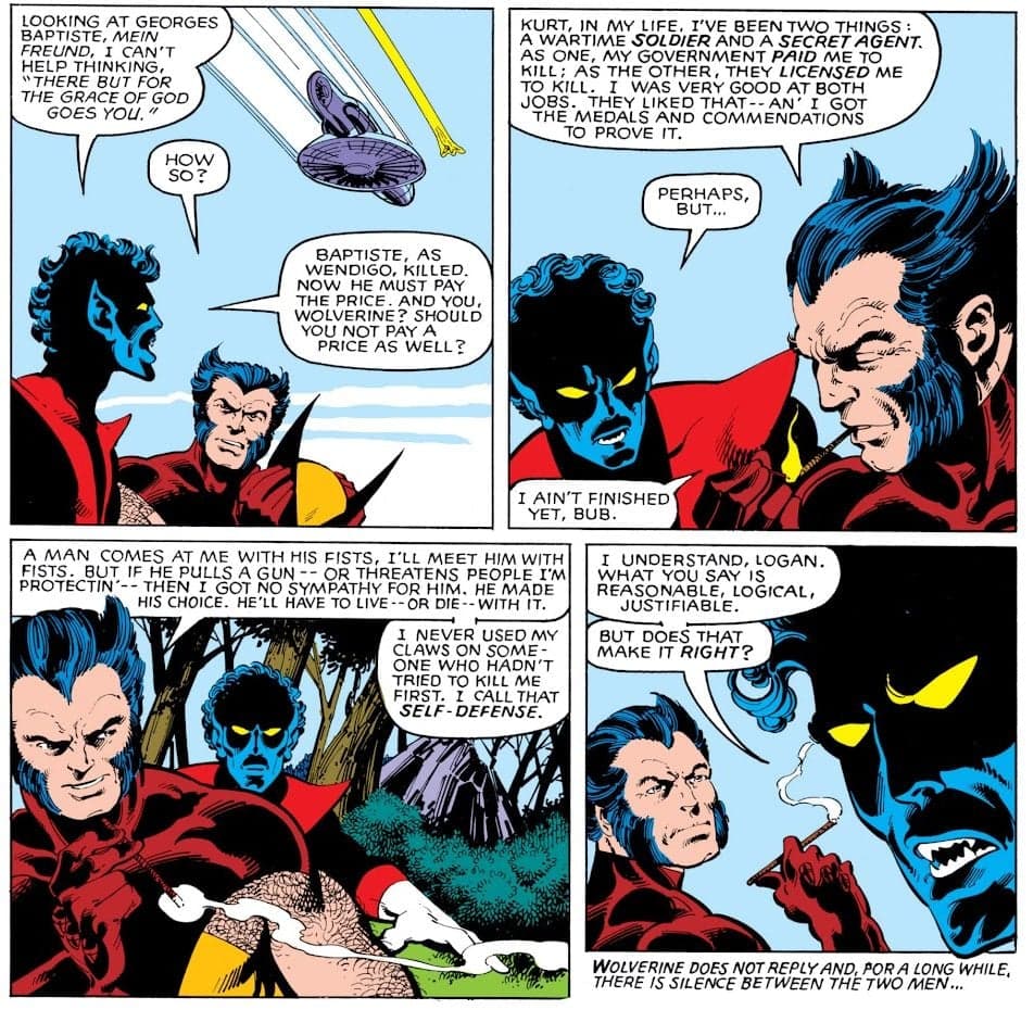 Wolverine has a life lesson for Nightcrawler in Uncanny X-Men Vol. 1 #140 “Rage!” (1980), Marvel comics. Words by Chris Claremont and John Byrne, art by John Byrne, Terry Austin, Glynis Wein, and Tom Orzechowski.