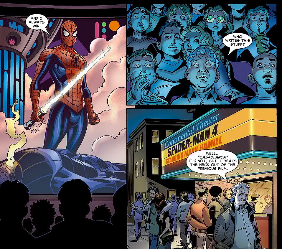 The Ben Parker of Earth-6078 catches his nephew's latest film in Friendly Neighborhood Spider-Man Vol. 1 #8 "Jumping the Tracks: Part 1 of 3" (2006), Marvel Comics. Words by Peter David, art by Mike Wiernigo, Karl Kessel, Paul Mounts, and Cory Petit.