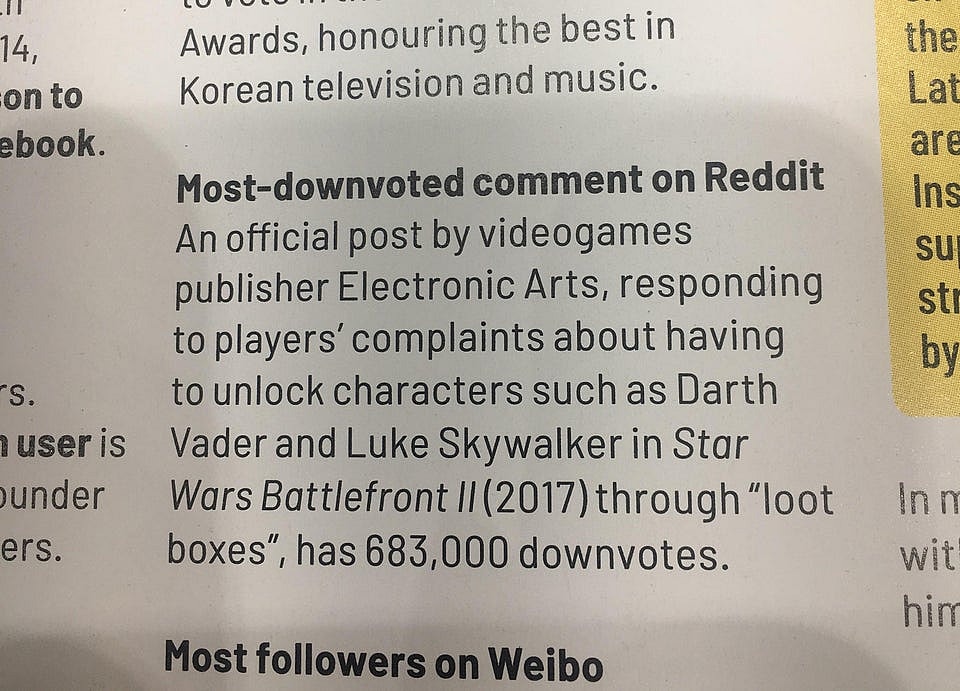 EA’s Response to Star Wars Battlefront II Microtransaction Complaint Recognized by Guinness World Records as “Most-Downvoted Comment on Reddit” - Guinness Entry