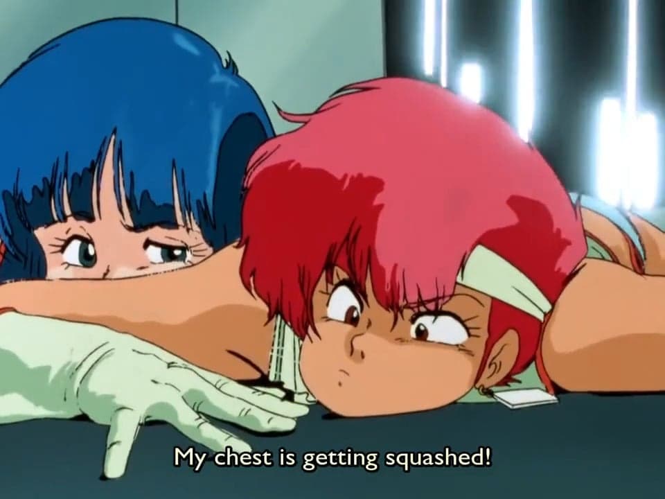 Kei (Kyoko Tongu) encounters some physical issues in Dirty Pair Episode 1 "We'll Teach You How to Kill a Computer" (1985) , Nippon Sunrise