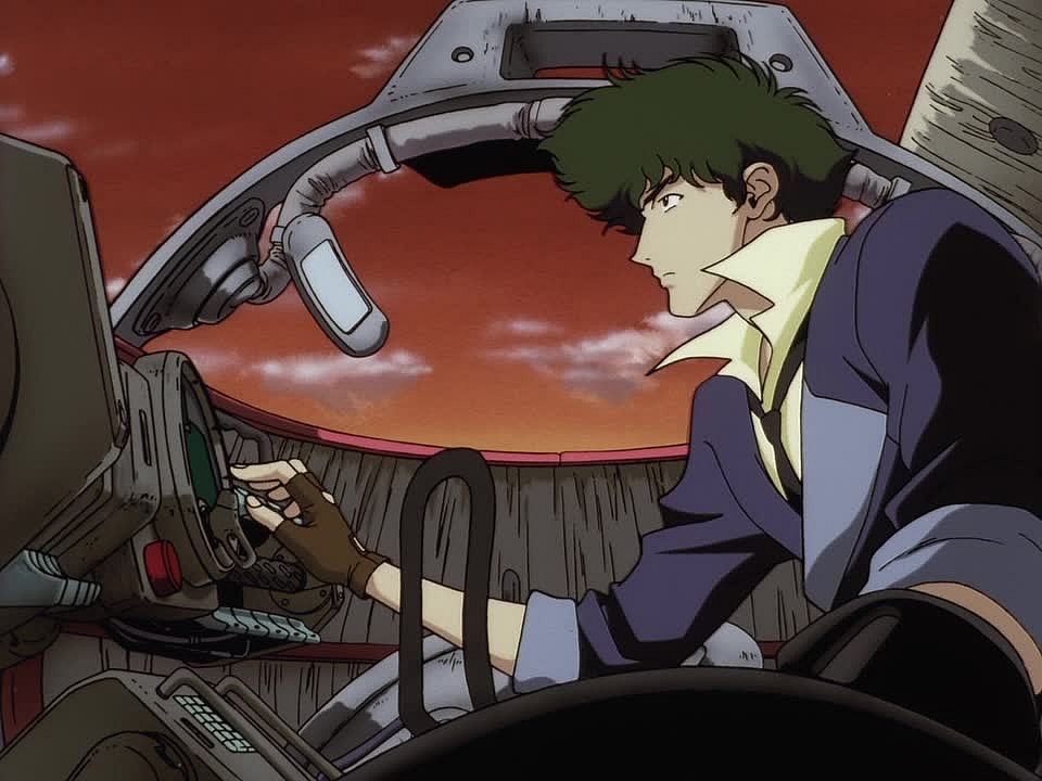 Spike Spiegel (Steve Blum) prepares to take-off in The Swordfish II in Cowboy Bebop Season 1 Episode 5 "Ballad of Fallen Angels" (1998), Sunrise, Inc.