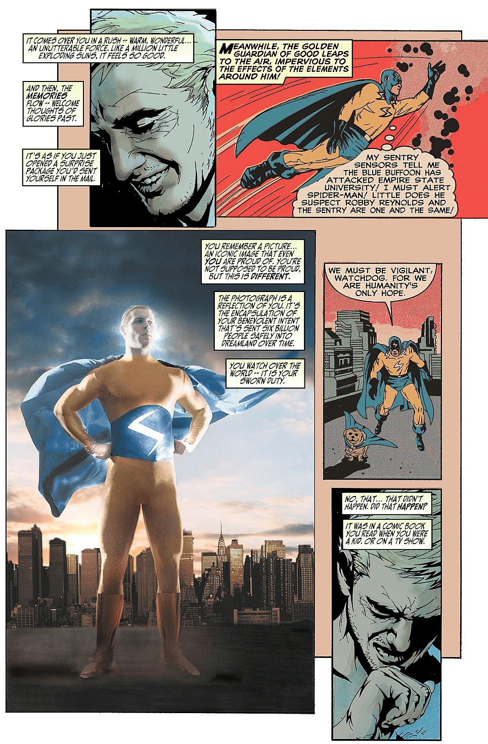 Robert Reynolds suffers an identity crisis in Sentry Vol. 1 #1 "Act 1: The Suit" (2000), Marvel Comics. Words by Paul Jenkins, art by Jae Lee, José Villarrubia, Richard Starkings, and Wes Abbott.
