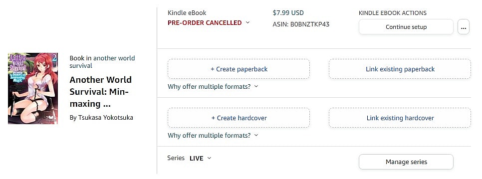 Hanashi Media's correspondence with Kindle Direct Publishing Team / Amazon Kindle Cancelling Pre-Orders for Hanashi Media's Another World Survival: Min Maxing my Support and Summoning Magic Vol. 2