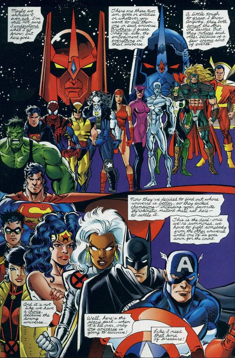 Jubilee provides a recap of what has taken place in the DC-Marvel showdown thus far in Marvel Comics Versus DC Vol. 1 #3 (1996), Marvel Comics/DC. Words by Ron Marz, art by Dan Jurgens, Claudio Castellini, Josef Rubninstein, Paul Neary, and Bill Oakley.