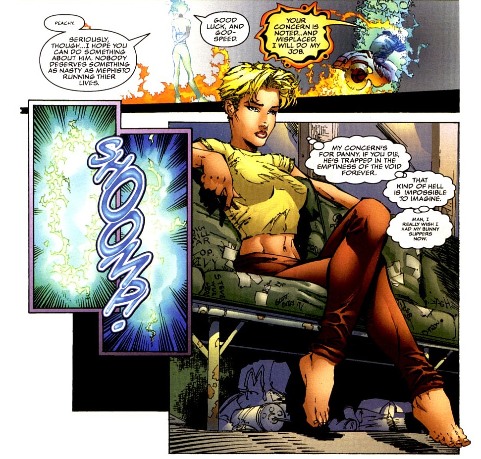 Jennifer Kale wishes Ghost Rider luck on his quest to defeat Mephisto in Cyblade/Ghost Rider Vol. 1 #1 (1997), Marvel Comics. Words by Ivan Velez, Jr., art by Anthony Chun, David Finch, Aaron Sowd, Joe Weems, Curtis Patrick Arnold, Peter Steigerwald, Tyson Wengler, Richard Isanove, Greg Hammond, Dennis Heisler, and Robin Spehar.