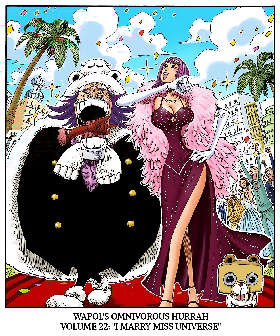 Wapol and Miss Universe are newly-married on Eiichiro Oda's cover story to One Piece Chapter 261 'Warrior Genbo vs. Divine Soldiers Commander Yama' (2000), Shueisha