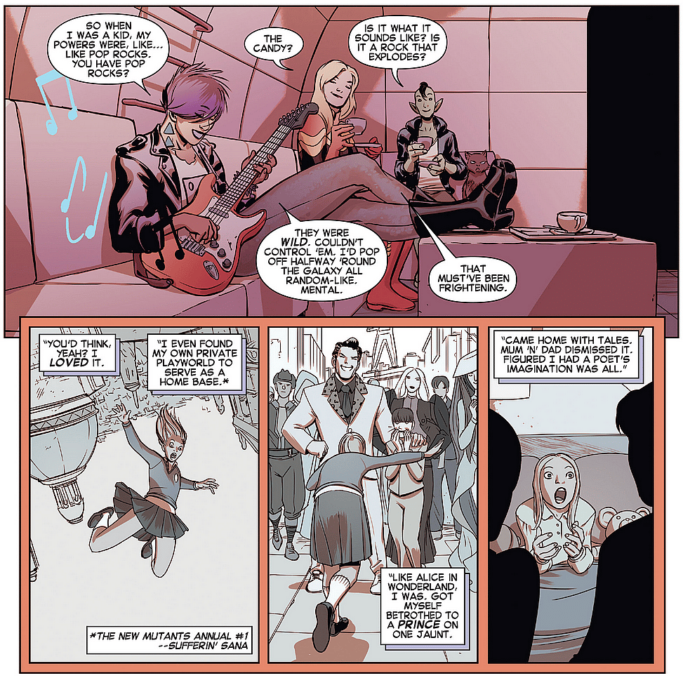 Lila Cheney recounts her past exploits to Carol Danvers and Tic Carol Danvers sets her female gaze on a shirtless Prince Yan in Captain Marvel Vol. 8 #9 "Lila Cheney's Fantabulous Technicolor Rock Opera" (2014), Marvel Comics. Words by Kelly Sue DeConnick, art by David López, Lee Loughridge, and Joe Caramagna via digital issue