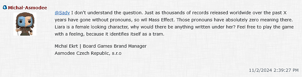 Asmodee Czech Republic Brand Manager Michal Ekrt weighs in on the pronoun discourse surrounding 'Mass Effect - Priority Hagalaz' (2024), Modiphius Entertainment