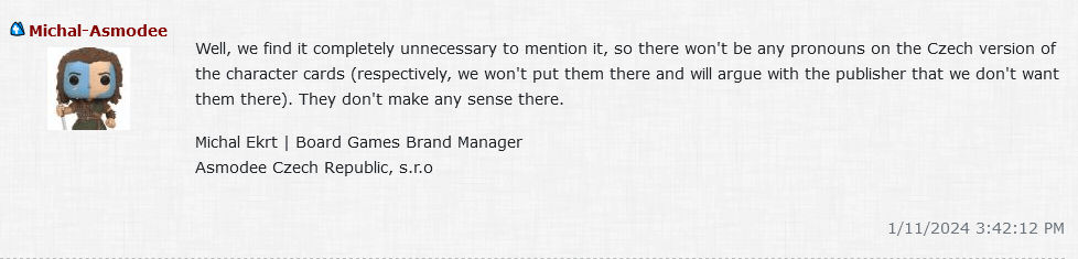 Asmodee Czech Republic Brand Manager Michal Ekrt weighs in on the pronoun discourse surrounding 'Mass Effect - Priority Hagalaz' (2024), Modiphius Entertainment