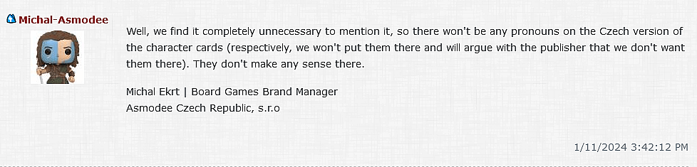Asmodee Czech Republic Brand Manager Michal Ekrt weighs in on the pronoun discourse surrounding 'Mass Effect - Priority Hagalaz' (2024), Modiphius Entertainment