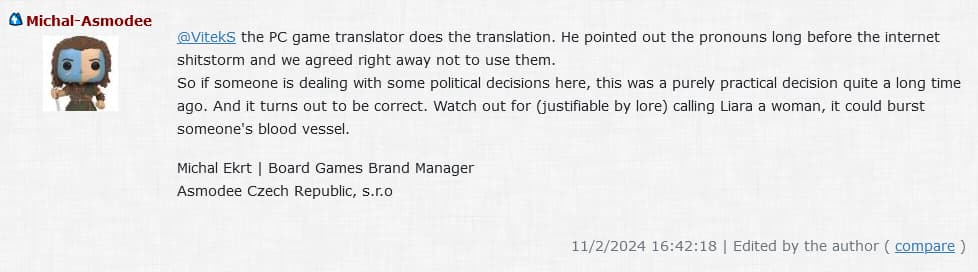 Asmodee Czech Republic Brand Manager Michal Ekrt weighs in on the pronoun discourse surrounding 'Mass Effect - Priority Hagalaz' (2024), Modiphius Entertainment