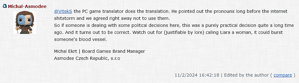 Asmodee Czech Republic Brand Manager Michal Ekrt weighs in on the pronoun discourse surrounding 'Mass Effect - Priority Hagalaz' (2024), Modiphius Entertainment