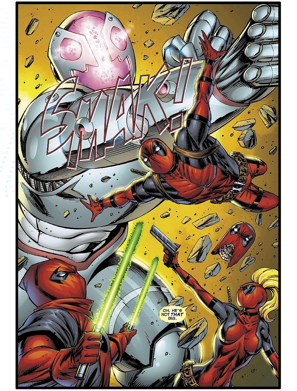 The titular team takes on The Awareness in Deadpool Corps Vol. 1 #5 (2010), Marvel Comics. Words by Victor Gischler, art by Rob Liefeld, Adelso Corona, Matt Yackey, and Clayton Cowles.