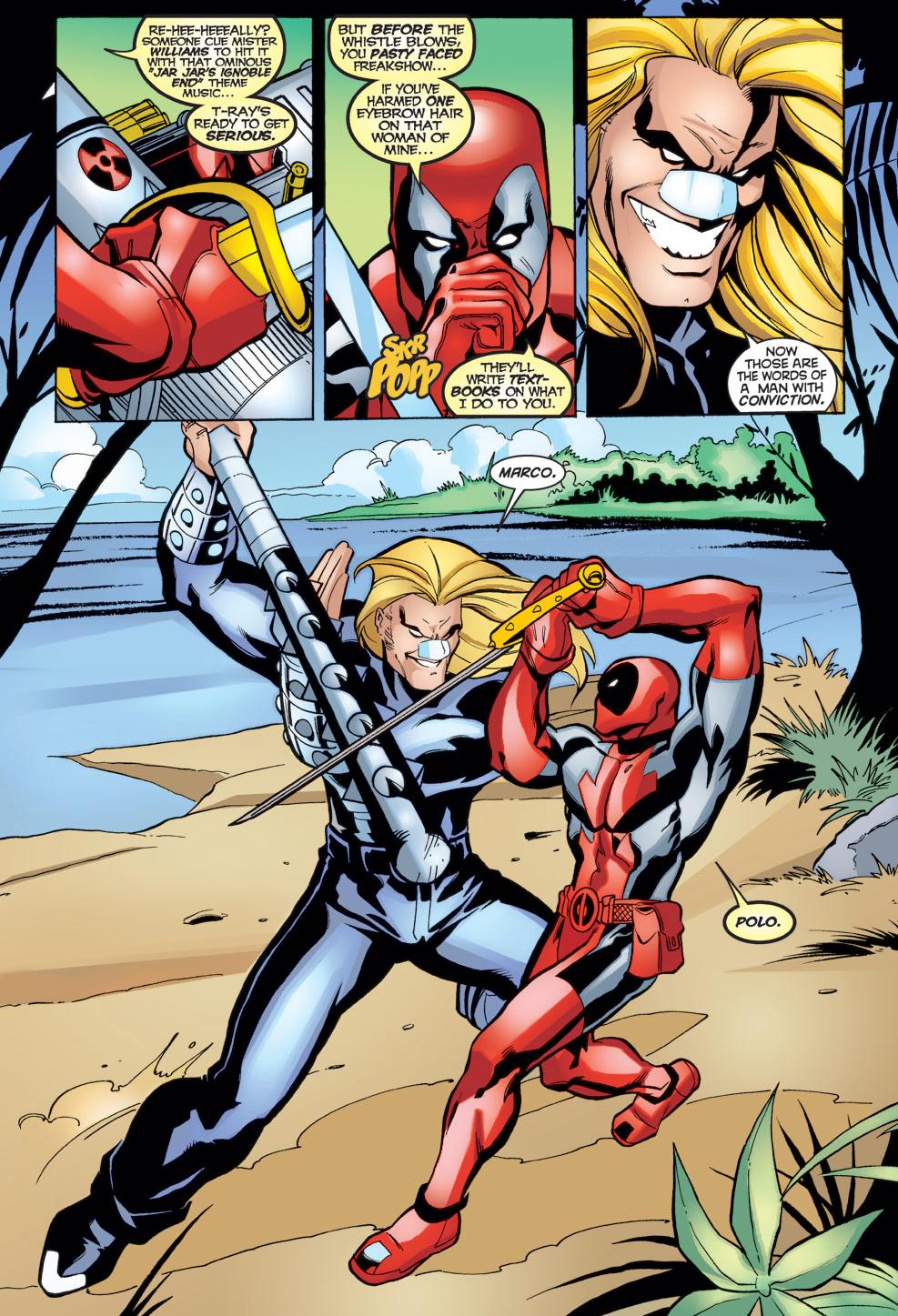 in Deadpool Vol. 3 #32 "I'm Not Me So Me as You Think I Am (1999), Marvel Comics. WOrds by Joe Kelly, art by Pete Woods, Rebecca Shelander, Shannon Blanchard, and Richard Starkings.