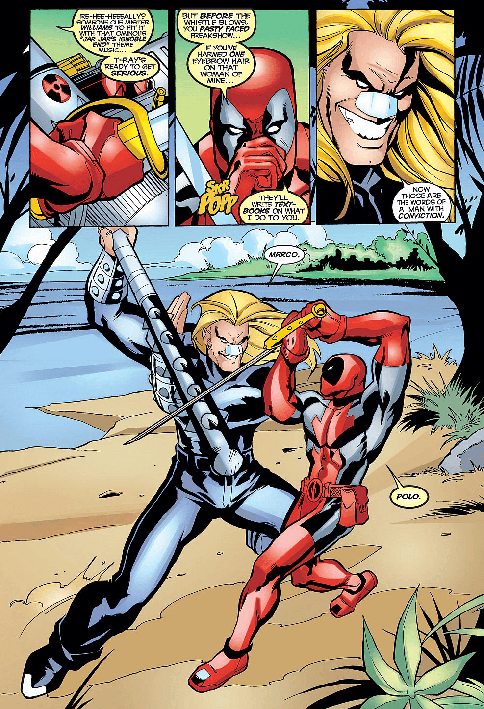 in Deadpool Vol. 3 #32 "I'm Not Me So Me as You Think I Am (1999), Marvel Comics. WOrds by Joe Kelly, art by Pete Woods, Rebecca Shelander, Shannon Blanchard, and Richard Starkings.