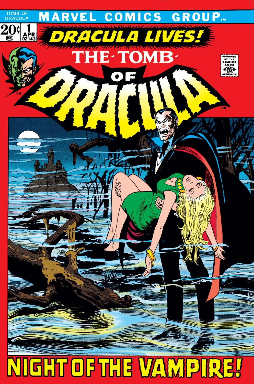 Dracula rises on Neal Adams' cover to Tomb of Dracula Vol. 1 #1 "Dracula" (1972), Marvel Comics.