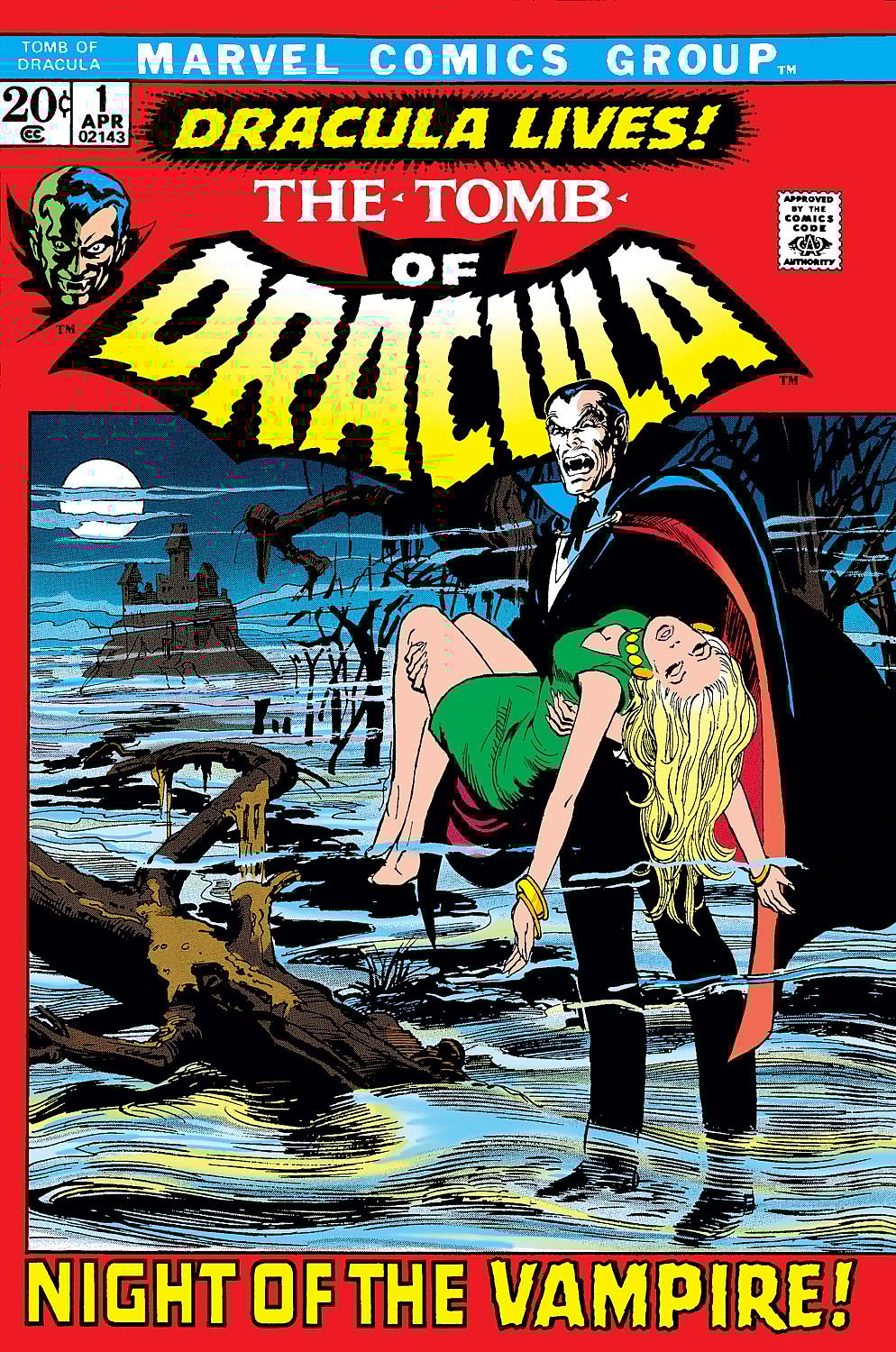 Dracula rises on Neal Adams' cover to Tomb of Dracula Vol. 1 #1 "Dracula" (1972), Marvel Comics.