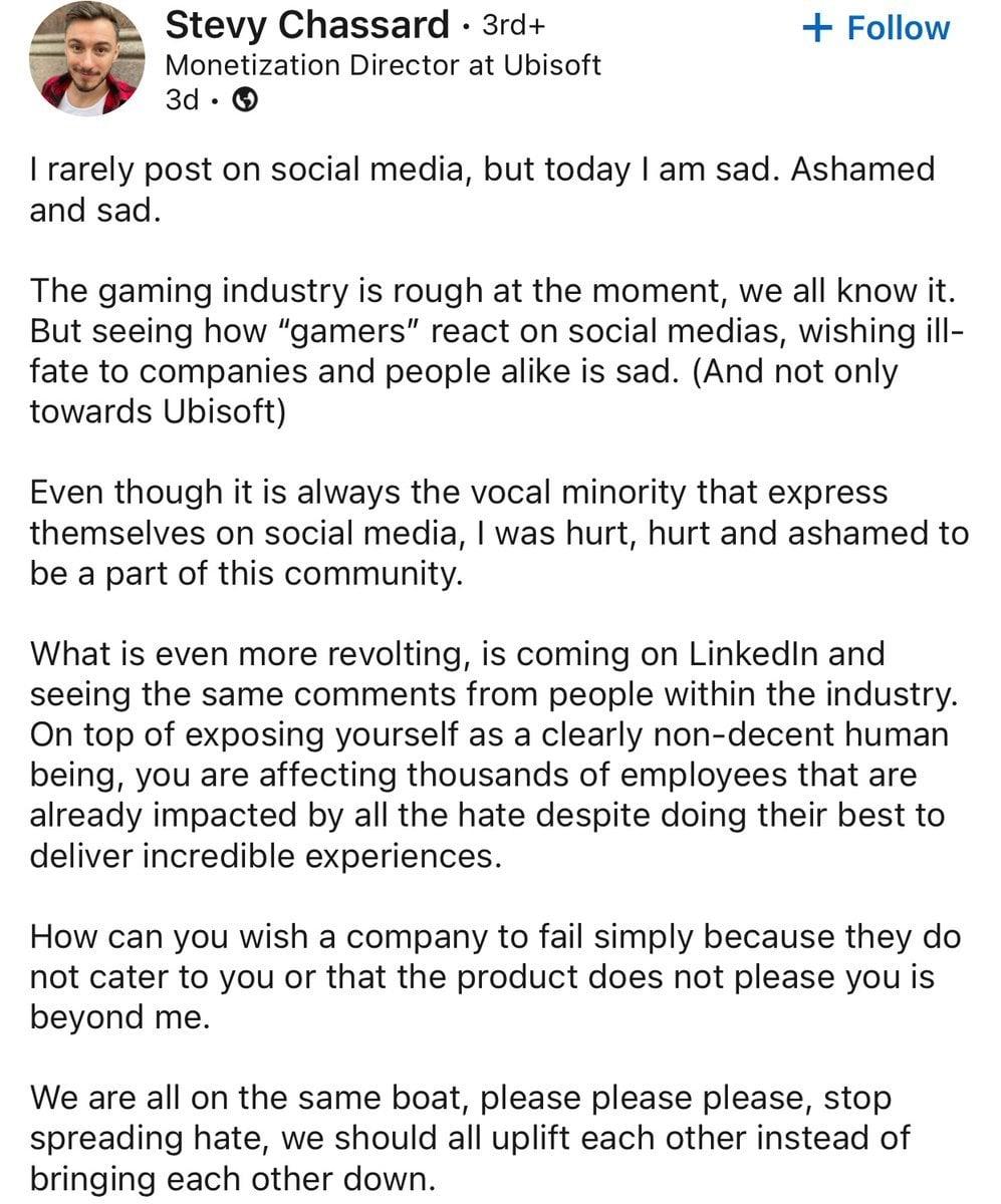 Ubisoft Monetization Director Stevy Chassard weighs in on the current discourse surrounding the company's recent struggles.