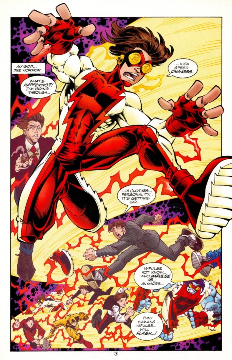 Impulse is haunted by his fear of growing up in Young Justice Vol. 1 #1 "Young, Just Us" (1998), DC. Words by Peter David, art by Todd Nauck, Lary Stucker, Jason Wright, Digital Chameleon and Ken Lopez.