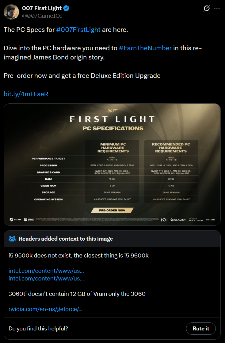 The official 007 First Light account declares the PC specifications, only to get a community note for non-existent graphics cards via X