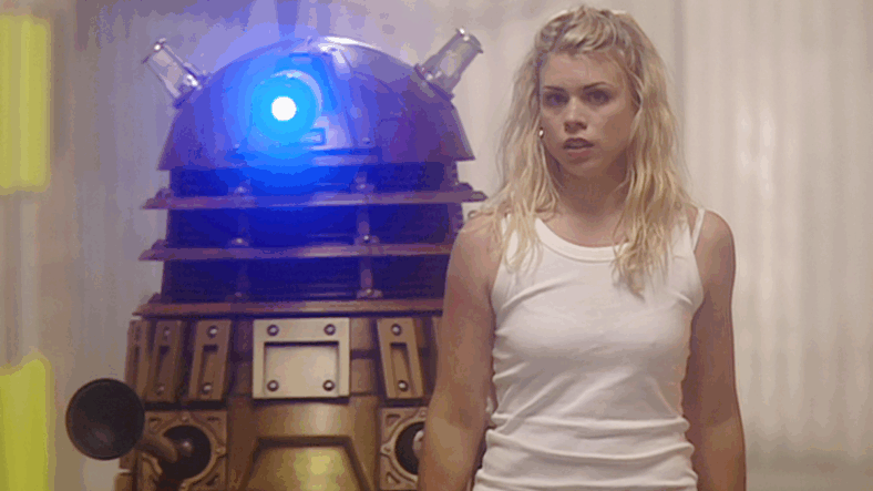 Rose Tyler (Billie Piper) is taken hostage by a mentally unstable Dalek (Barnaby Edwards/Nicholas Briggs) in Doctor Who Series 1 Episode 6 "Dalek" (2005), BBC