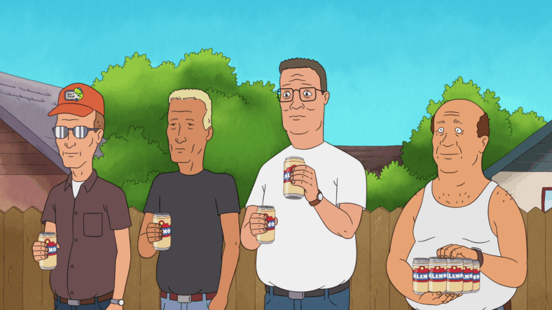 Dale (Johnny Hardwick/Toby Huss), Boomhauer (Mike Judge), Hank (Mike Judge), and Bill (Stephen Root) offer Kahn (Ronny Chieng) a peace offering in King of the Hill Season 14 Episode 8 "Kahn-scious Uncoupling" (2025), Disney/Hulu