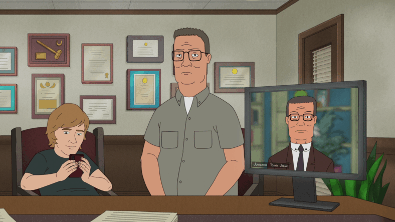 G.H. (Finn Wolfhard), Hank (Mike Judge), and Junichiro (TBA) receive some legal settlement money on behalf of their father in King of the Hill Season 14 Episode 9 "No Hank Left Behind" (2025), Disney/Hulu