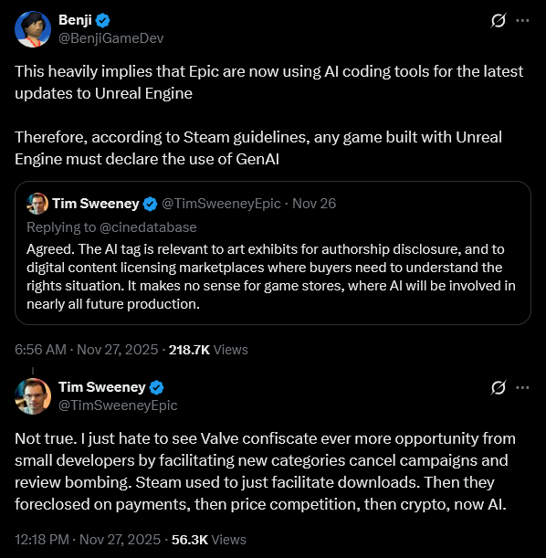 Epic Games CEO argues against generative AI identification in video games.