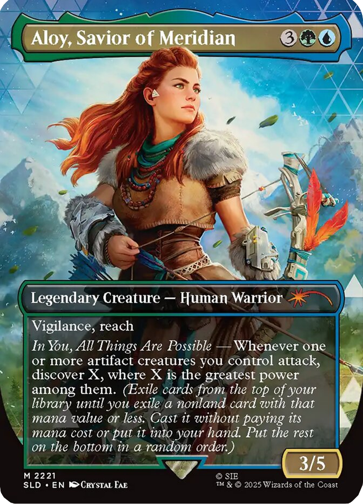 Aloy sets out to explore the Forbidden West via Aloy, Savior of Meridian (Card #2221), Magic: The Gathering - Secret Lair Drop (2025), Wizards of the Coast. Art by Crystal Fae. MTG