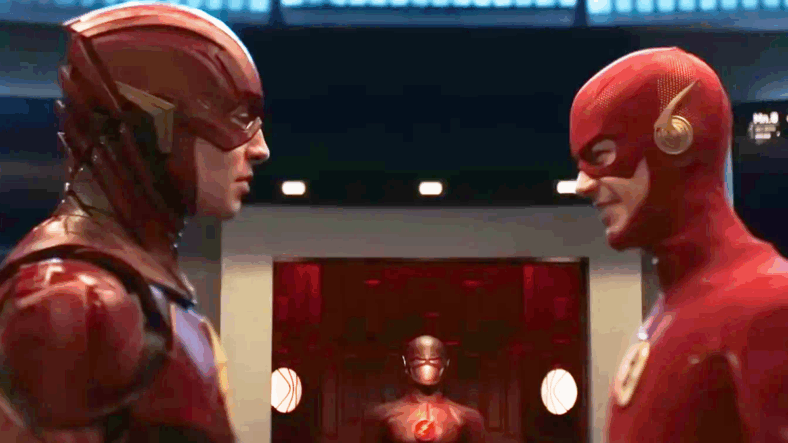 Barry Allen (Ezra Miller) meets Barry Allen (Grant Gustin) in Arrow Season 8 Episode 8 “Crisis on Infinite Earths: Part Four” (2020), The CW