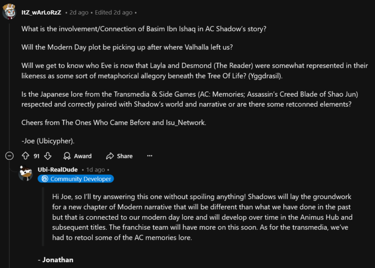 Ubisoft dev Jonathan Dumont offers insight into 'Assassin's Creed Shadows' via /r/assassinscreed on Reddit