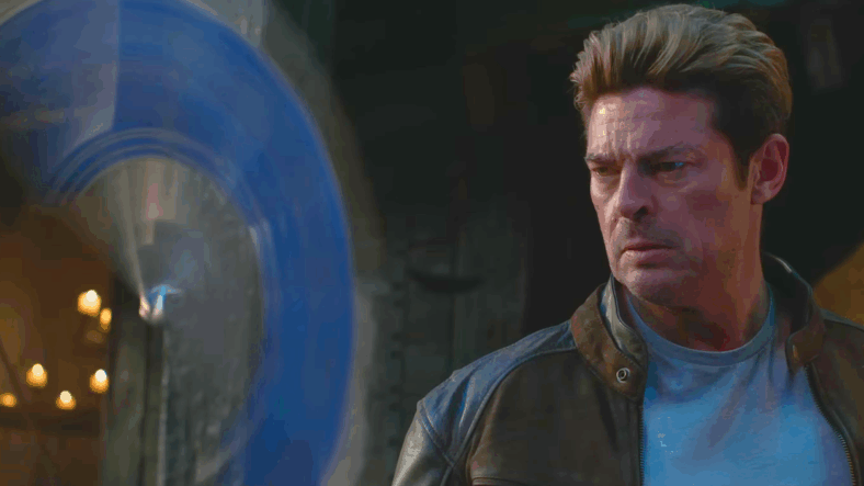 Johnny Cage (Karl Urban) is dumbstruck by the bizarre movements of Kitana's (Adeline Rudolph) fan blades in Mortal Kombat II (2025), Warner Bros. Entertainment