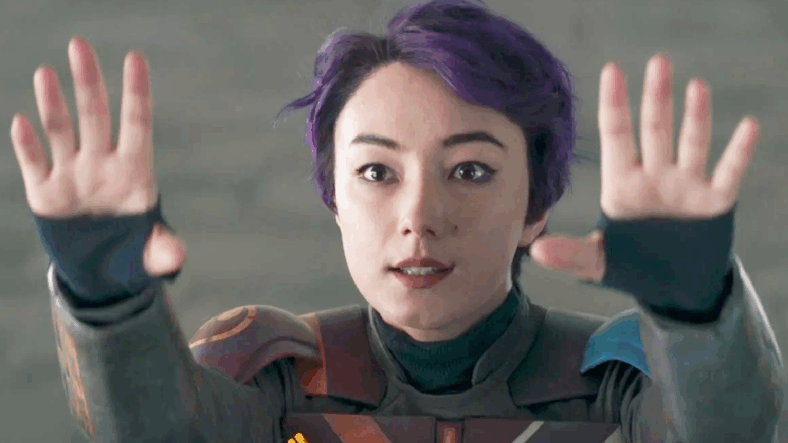 Sabine (Natasha Liu Bordizzo) gives Ezra (Eman Esfandi) a Force-assisted boost in Ahsoka Season 1 Episode 8 "Part Eight: The Jedi, the Witch, and the Warlord" (2023), Disney