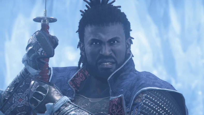Yasuke (Tongayi Chirisa) stands defiant against the Titan-transformed Gautwin (TBA) in Assassin's Creed Shadows x Attack on Titan (2025), Ubisoft