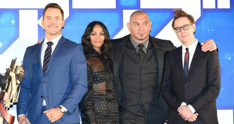 James Gunn, Chris Pratt, Zoe Saldana, and Dave Bautista