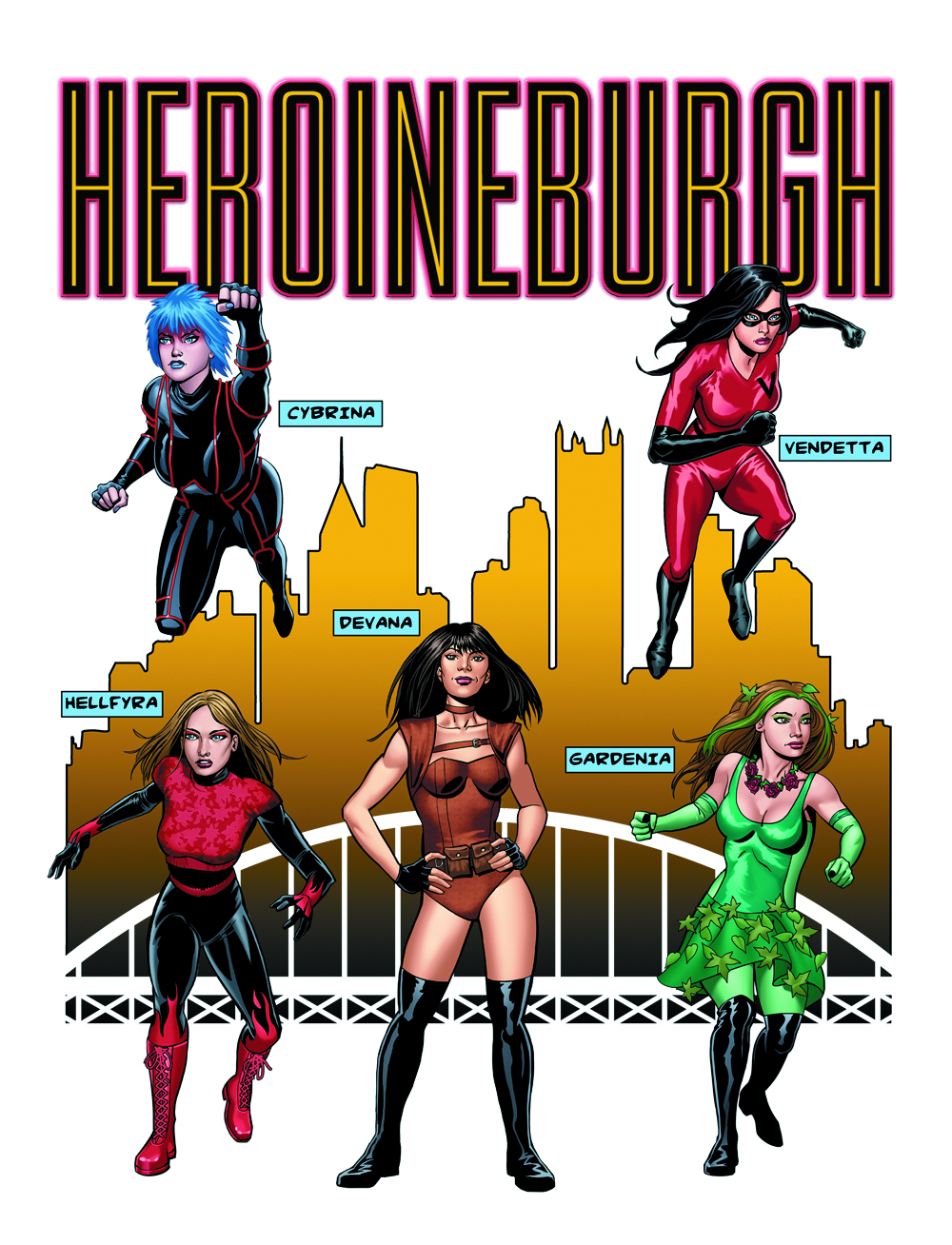 Heroineburgh graphic #1 by DC colorist Jason Wright. Depicted from Episodes 1-4 are Cybrina, Hellfyra, Gardenia, Devana and Vendetta.
