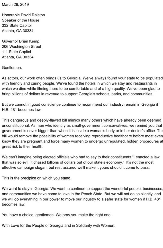 Celebrity Letter to Georgia Governor