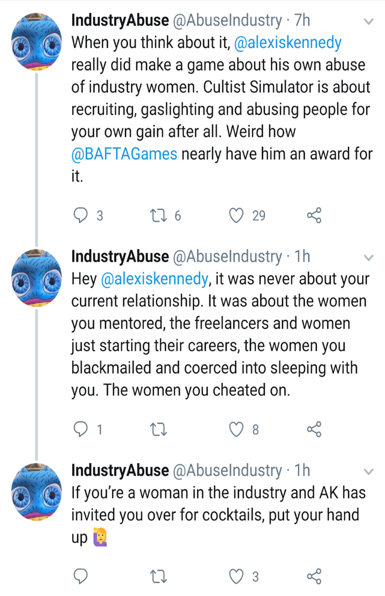 Cultist Simulator Developer Alexis Kennedy Responds to Accusations of Sexual and Emotional Abuse - IndustryAbuse Twitter Accusation