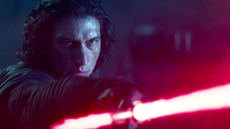 Kylo Ren (Adam Driver) draws his light saber in Star Wars Episode IX - The Rise of Skywalker (2019), Lucasfilm