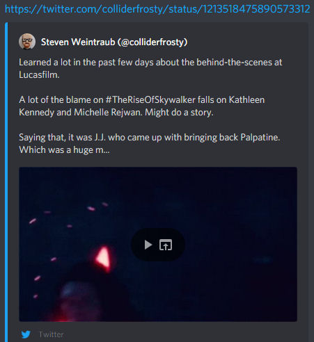 Collider’s Steven Weintraub Posts, Quickly Deletes Tweet Claiming “A lot of the blame” for Star Wars: The Rise of Skywalker “Falls on Kathleen Kennedy and Michelle Rejwan”