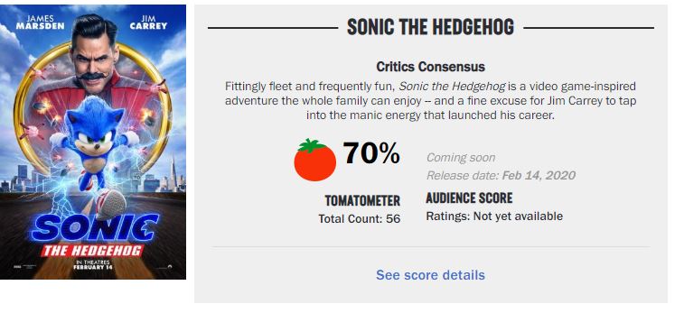 Sonic 2 got the same score as the first movie on rotten tomatoes