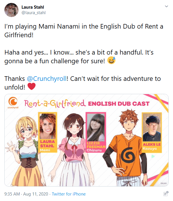 Rent-a-Girlfriend Voice Actor Laura Stahl Claims To Have Received Hate Mail Over Role as Mami Nanami