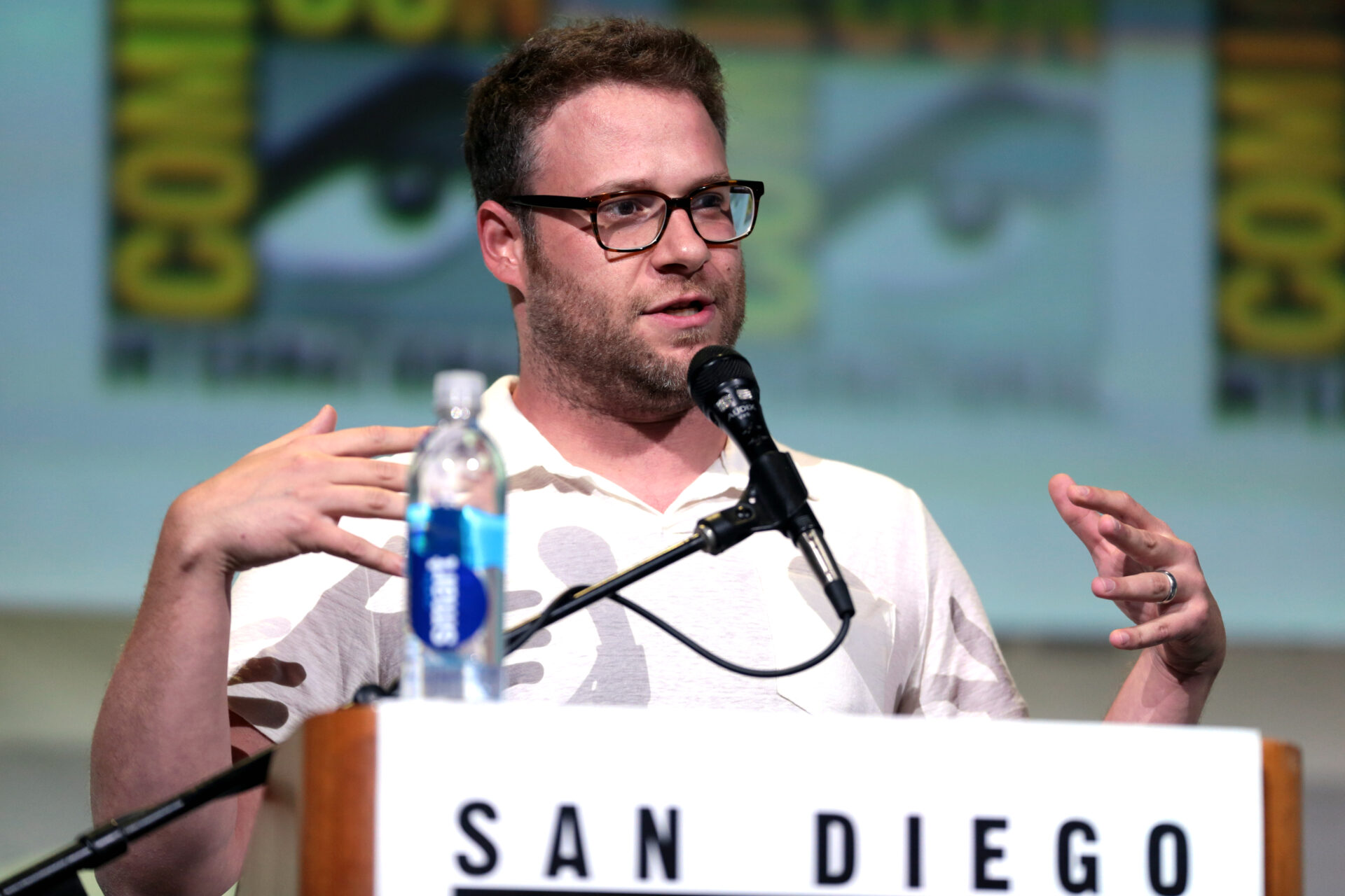 Seth Rogen speaking at the 2016 San Diego Comic Con International, for "Preacher", at the San Diego Convention Center in San Diego, California.Photo Credit: Gage Skidmore