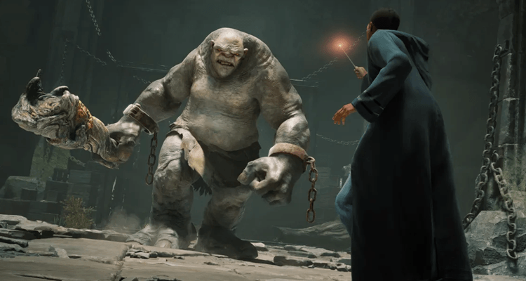 The player faces down a troll via Hogwarts Legacy (2022), Warner Bros. Interactive Entertainment