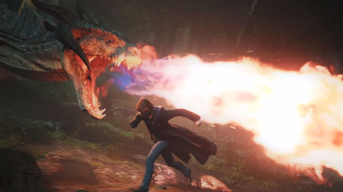 The player narrowly dodges a dragon's fiery breath via Hogwarts Legacy (2022), Warner Bros. Interactive Entertainment