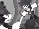 A young Mickey Mouse (Chris Diamantopoulos) thanks a time-travelling Sora (Hayley Joel Osment) for his help in Kingdom Hearts III (2019), Square Enix